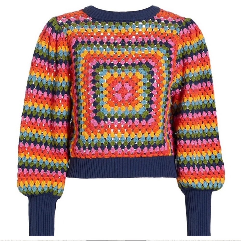 Farm Rio Rainbow Sunset Stripes Crochet Sweater Hippie Size Medium